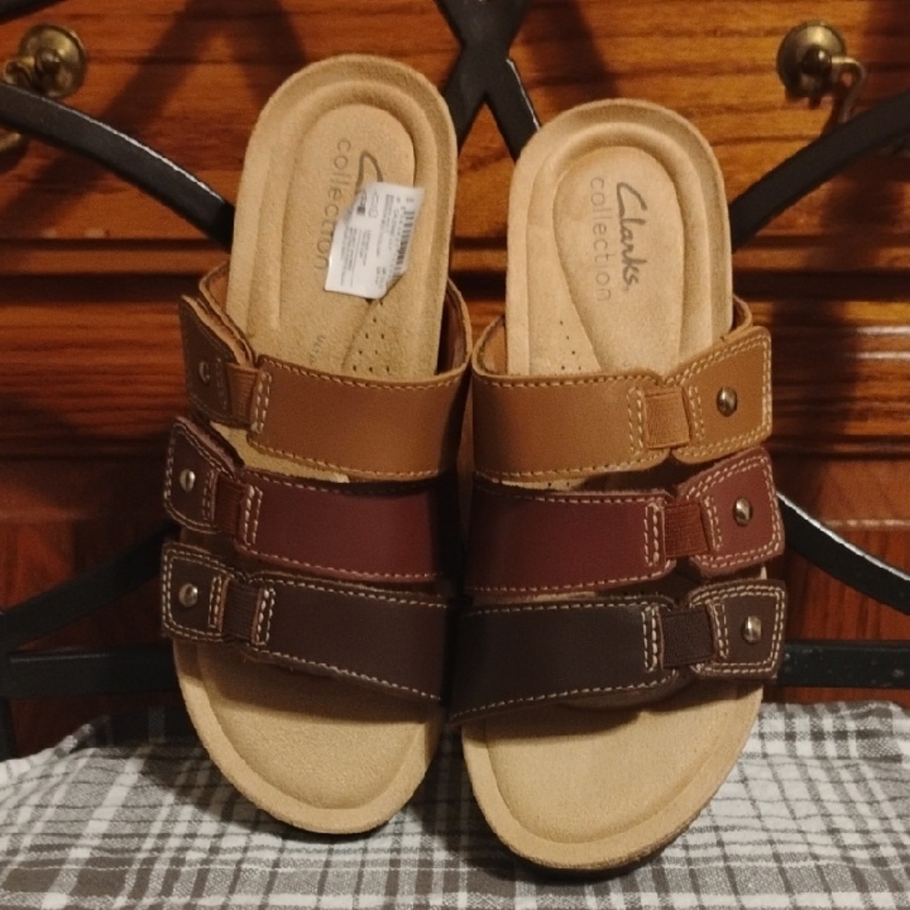 Clarks Women's Triple-Strap Slide Sandals in Tan, Brown and Dark Brown